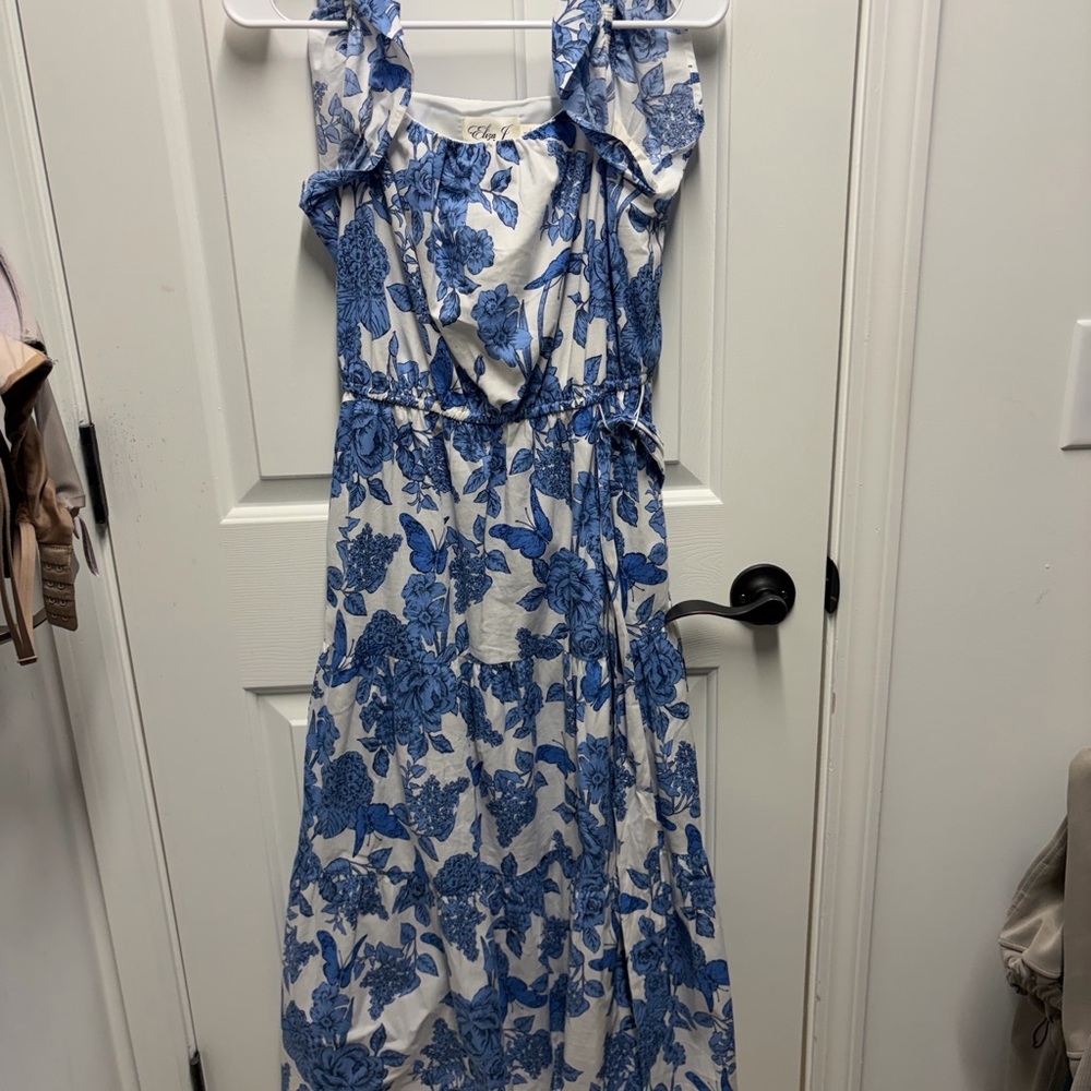Eliza J White and Blue Floral Ruffle Strap Maxi Dress